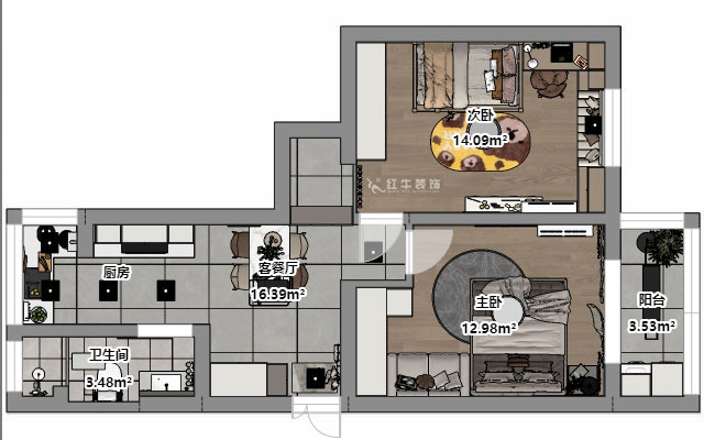 魏明花｜公教一村16-603-68㎡-现代简约风格｜2室1厅1卫｜二手房装修｜定制家｜全包9万｜00_03平面彩图